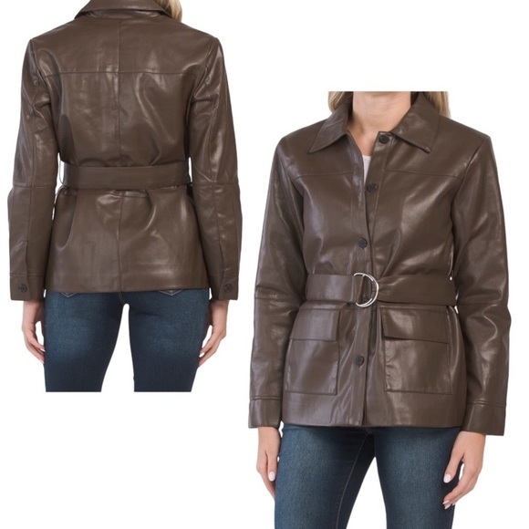 nwt Elie Tahari Faux Leather Jacket Belted Button Down Coat Brown Size Medium - Picture 4 of 16